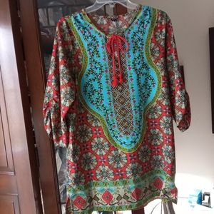 MLW bohemian Neck Tie Vintage Printed Coverup Shift Dress Tunic sz M